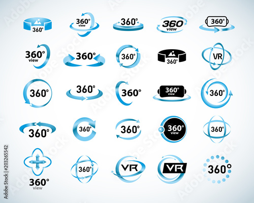 360 Degrees View Vector Icons set. Virtual reality icons. Isolated vector illustrations. Blue Color version.
