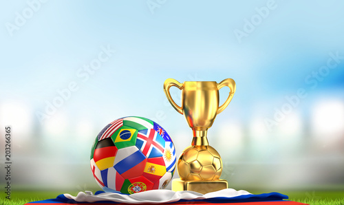 soccer flags ball Russia with golden trophy 3D illustration photo