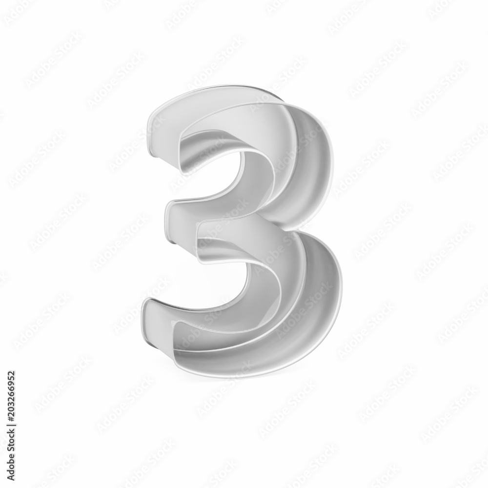 Metal baking cake pan or cookie cutter like mathematical digit 3, 3D rendered font image Metal baking cake pan or cookie cutter like mathematical digit 3, 3D rendered font image