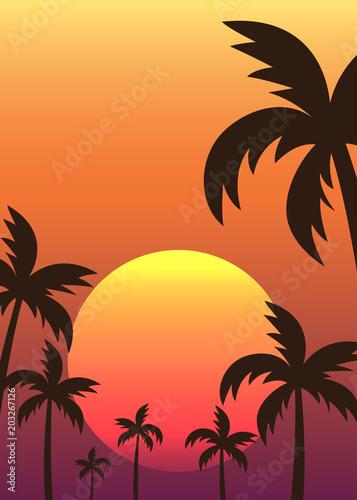 Sunset among palm trees tropical scene poster