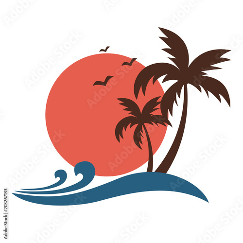 Vintage style palm trees silhouette with sun and ocean waves