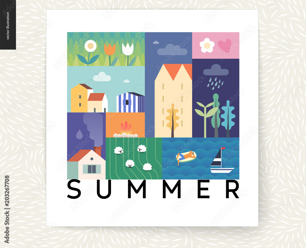 Obraz premium Idillic summer landscape postcard - countryside, town, travel, vacation camp concept - collage of trees, flowers, field with sheep, lake, sea waves with sail boat, resting man on inflatable mattress