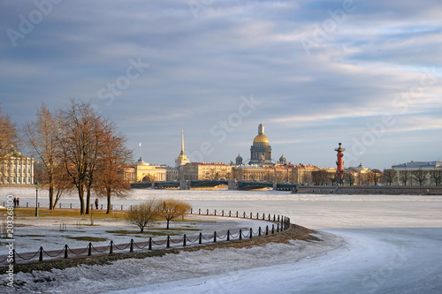  Winter panorama of the historic center of St. Petersburg. St. Isaac's Cathedral, the Admiralty, the arrow of Vasilievsky Island and the frozen river Neva
