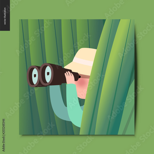 Simple things - a hunter in the ambush of high grass with a pair, summer postcard, vector illustration