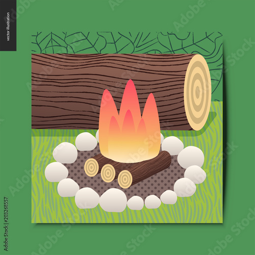 Simple things - camp fire and firewood with white stones, and a log for sitting on the background, summer postcard, vector illustration