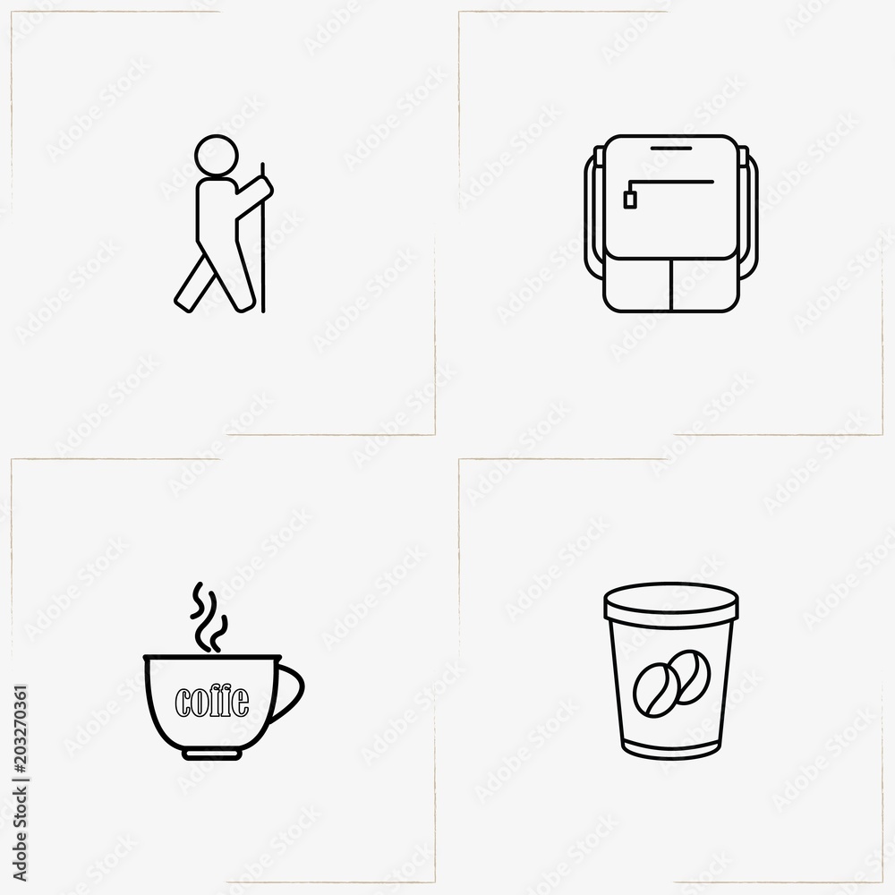 Camping line icon set with backpack, coffee cup and camping man Camping line icon set with backpack, coffee cup and camping man