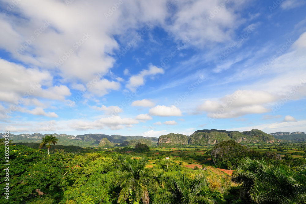 View over landscape with mogotes in Vinales Valley, Cuba, Pinar del Rio province