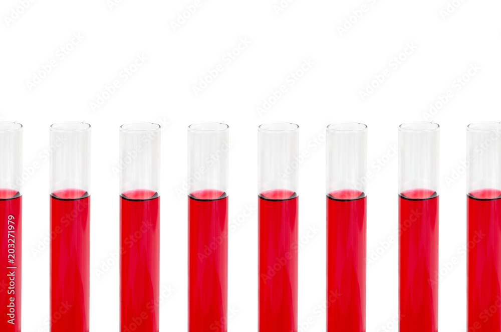 Row of test tubes with red liquid, isolated on white Row of test tubes with red liquid, isolated on white
