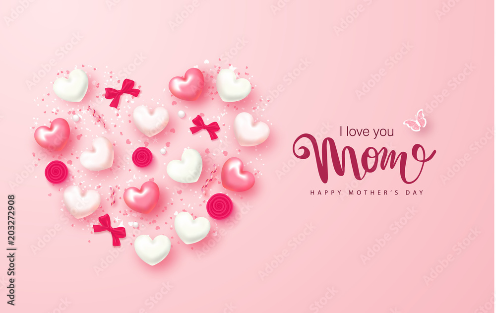 Happy Mothers Day greeting card design with hearts, bows, roses and serpentine. Design layout for invitation, greeting card, ad, promotion, banner, poster, voucher. Vector Illustration.