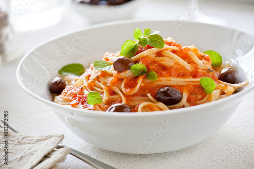 Bowl Of Pasta With Homemade Tomato Sauce And Olives