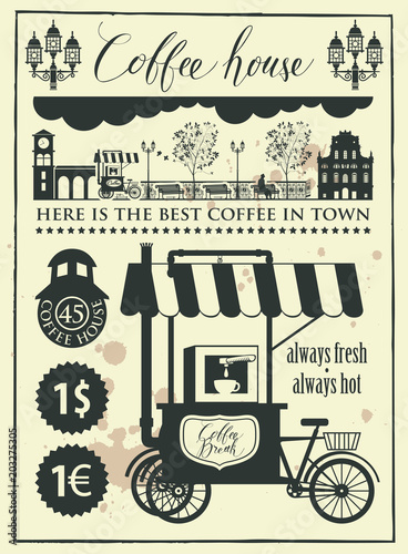 Vector set of coffee house design elements with mobile coffee shop and handwritten inscriptions in the form of an old newspaper in retro style