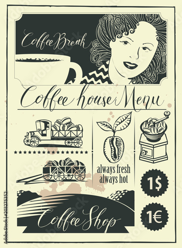 Vector set of design elements for a coffee house with handwritten inscriptions, girl, a cup of coffee and vintage cars in the form of old newspaper in retro style