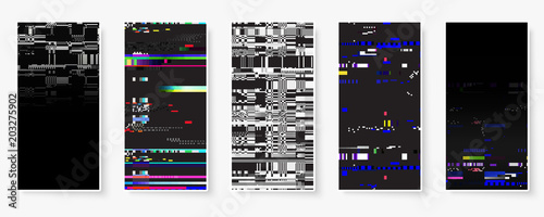 Glitch backgrounds set. Mobile device screen error. Digital pixel noise abstract design. Device signal fail. Gadget data decay. Glitch tv wallpaper. Monitor technical problem.