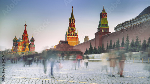 Red square with kremlin and St. Basil Cathedral, Moscow, Russia. Long exposition. Motion blur