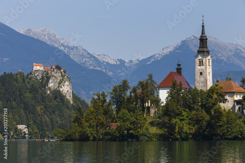 Church on Island in Lake Bled, Slovenia, with Castle in distance © alpinetrail