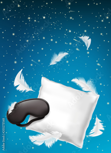 Vector 3d realistic poster, ad banner with white pillow, sleep mask and feathers isolated on blue night background. Mockup with soft cushion for comfortable sleep and sweet dreaming