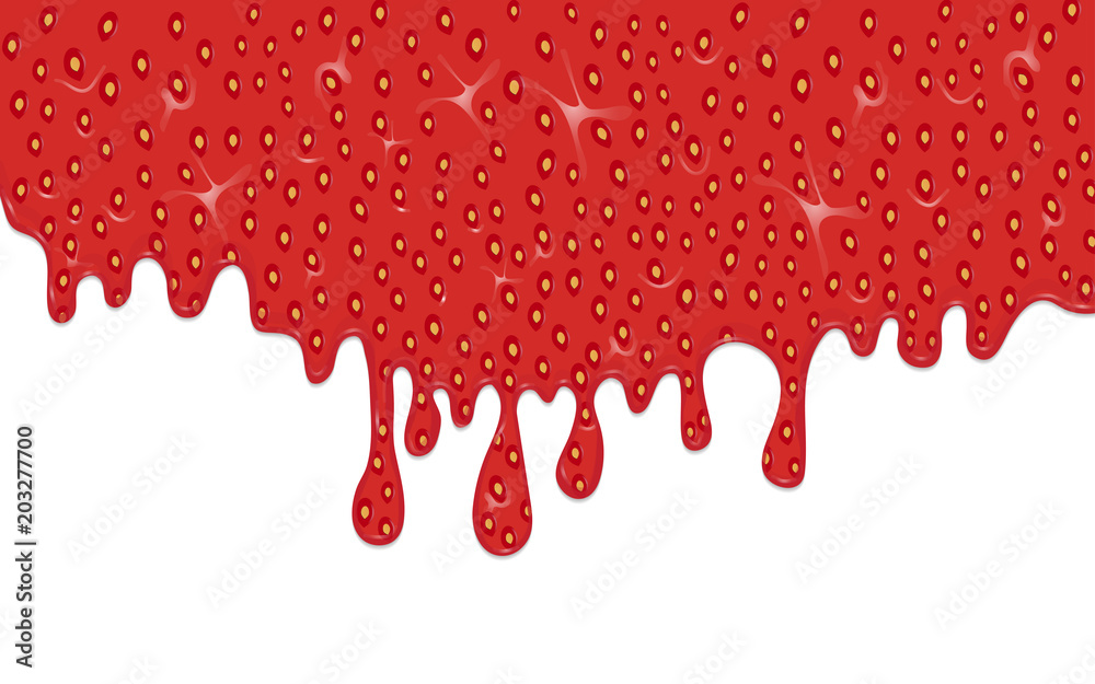 Realistic drips of strawberry jam isolated on white background. Flowing liquid. Vector illustration.