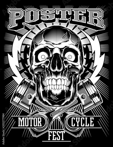Vintage Biker Skull with lightning and Pistons