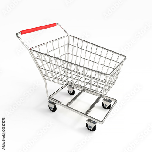 3d rendering shopping cart for purchasing chrome products on white background isolated