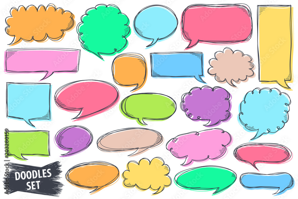 Speech bubble doodles set. Scribble frames collection. Sketch vector. Hand drawn effect illustration. Messages, phrases, text, chat, talk or dialog clouds set. Scrawl graphics isolated on white. Speech bubble doodles set. Scribble frames collection. Sketch vector. Hand drawn effect illustration. Messages, phrases, text, chat, talk or dialog clouds set. Scrawl graphics isolated on white.