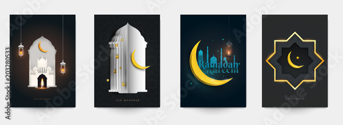 Ramadan kareem islamic beautiful design template. Minimal composition in paper cut style. Set holiday background for branding greeting card, banner, cover, flyer or poster. Vector illustration.
