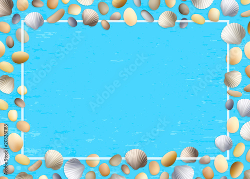 Shells frame. Blue grunge background. Stones and seashells vector. Summer illustration. Ocean or sea poster. Travel illustration. Tropical beach vacation.