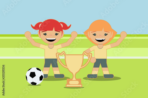 Two girls playing with a soccer ball on the same team. Win the tournament cup. Flat style design