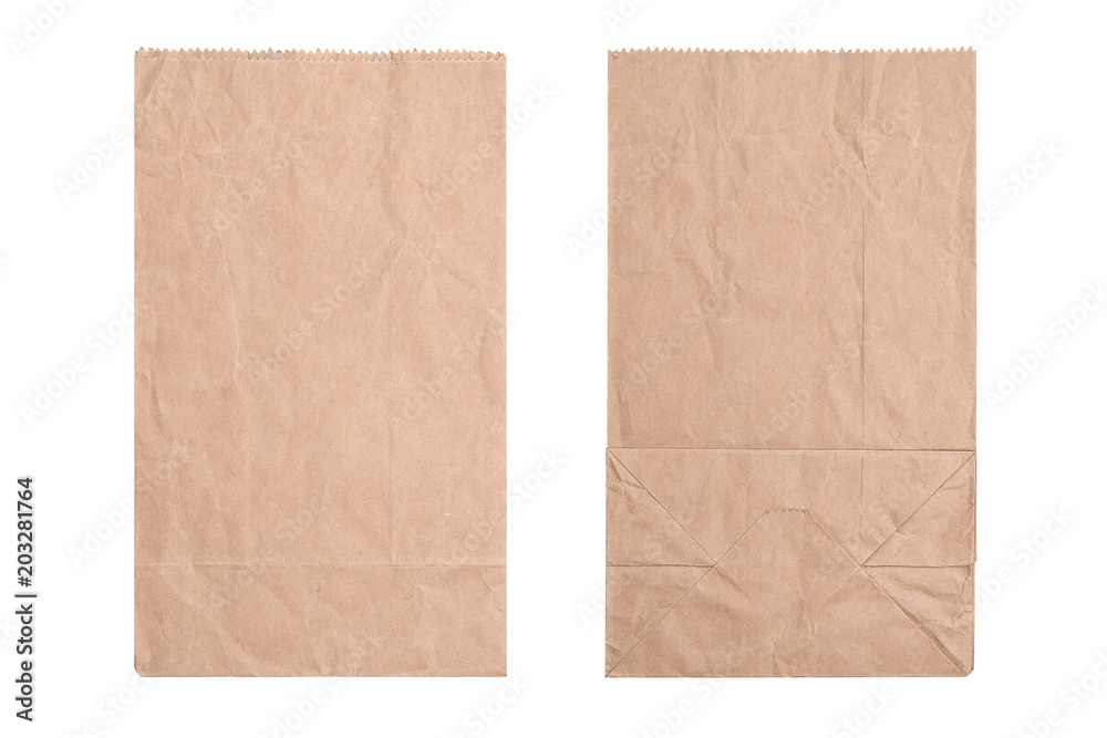 Brown paper bag, flat lay.
New kraft paper bag laying flat front and back isolated white background and clipping path.