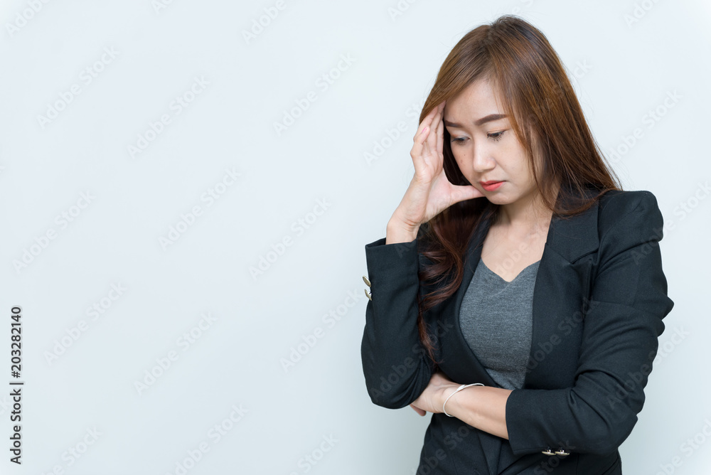 Beautiful asian business woman think something on white background,Thailand people,Stress from work,Sad woman concept Beautiful asian business woman think something on white background,Thailand people,Stress from work,Sad woman concept