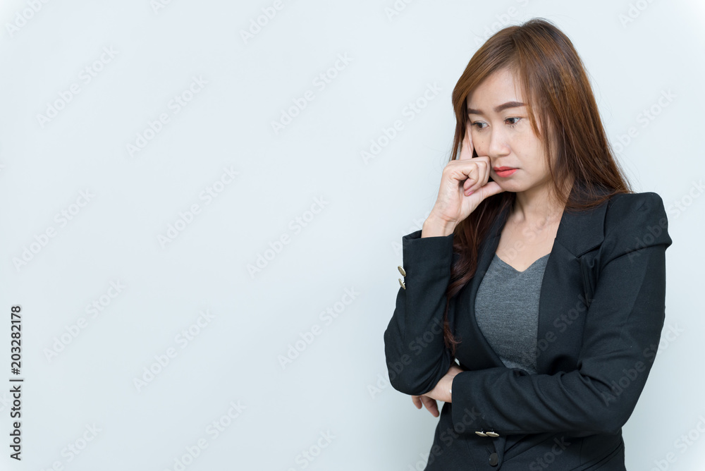 Beautiful asian business woman think something on white background,Thailand people,Stress from work,Sad woman concept Beautiful asian business woman think something on white background,Thailand people,Stress from work,Sad woman concept