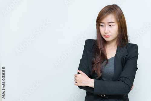 Beautiful asian business woman think something on white background,Thailand people,Stress from work,Sad woman concept