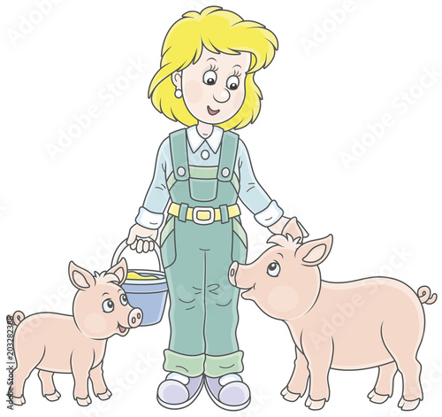 Friendly smiling farm workwoman feeding funny pink piglets, vector illustration in a cartoon style
