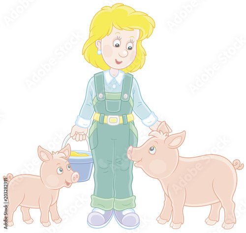 Friendly smiling farm workwoman feeding funny pink piglets