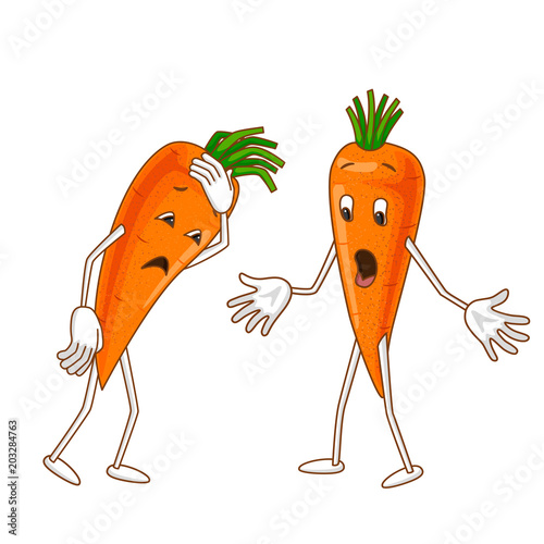 Sad and surprised emotional vegetable in cartoon style with outlines on white background. Ripe melancholy carrots and wonder with wide-open eyes. . Isolated stickers for printing. Vector 
