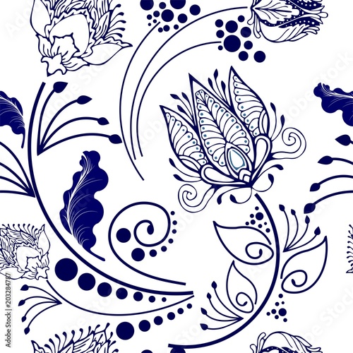 Oriental Chinese botanical flower graphic design for motif vector in Porcelain style seamless pattern with blue and white tone background
