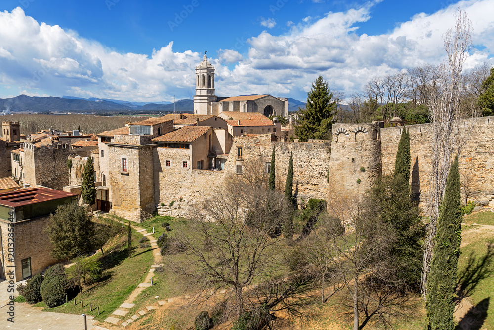 Panoramic aerial view of Girona and cathedral, Catalonia, Spain