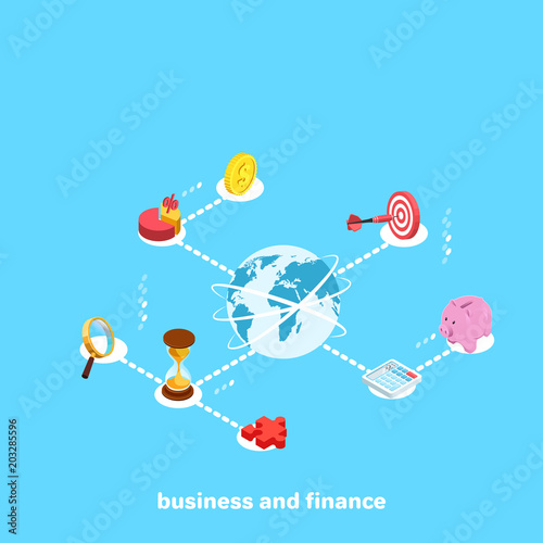 a globe on a blue background and icons on a business theme are all around it, an isometric image