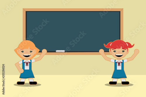 Back to school classes Two students girls in school uniforms expose in front of the blackboard. Flat style design.