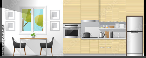House interior section background including dining room and kitchen , vector , illustration
