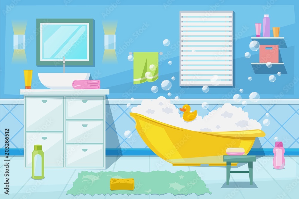 Baby shower and bath room interior, vector cartoon illustration. Bathroom furniture, hygiene goods and design elements Baby shower and bath room interior, vector cartoon illustration. Bathroom furniture, hygiene goods and design elements