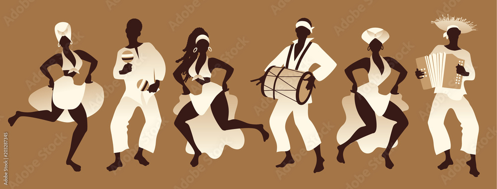 Group of men and women dancing and playing latin or afro american music