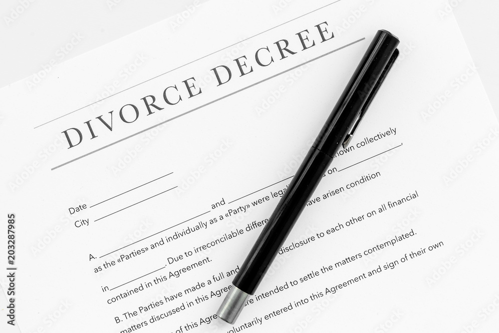 Divorce decree. Document on white backgroud top view