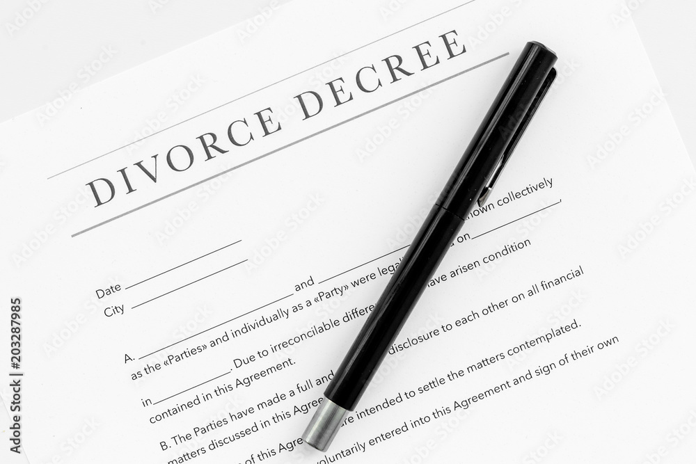 Divorce decree. Document on white backgroud top view Divorce decree. Document on white backgroud top view