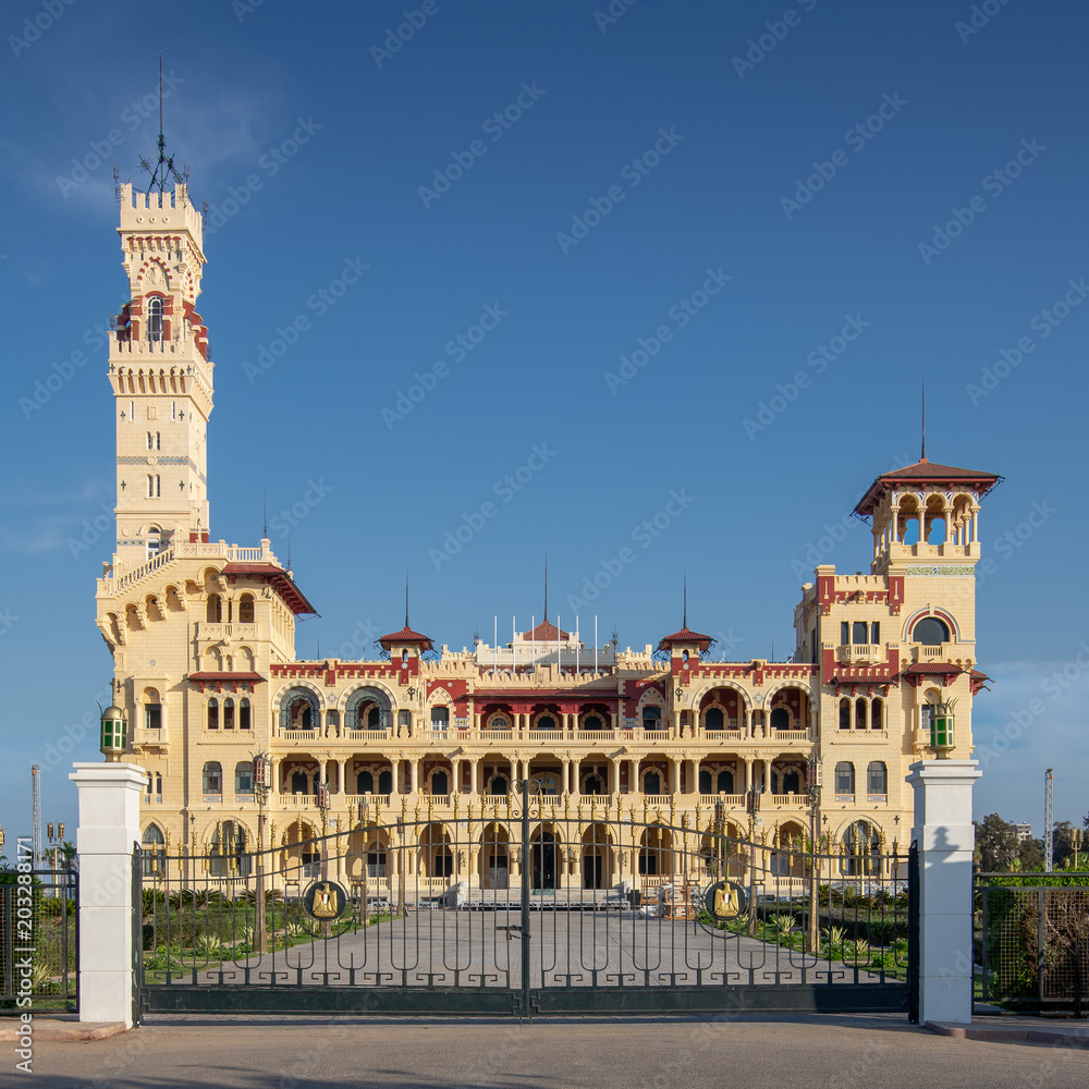 Front view of the royal palace at Montaza public park, Alexandria, Egypt