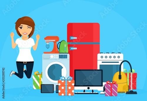 Young girl jumping with joy. Purchase of household appliances. Set of equipment for the house. In a flat style on blue background. Cartoon.