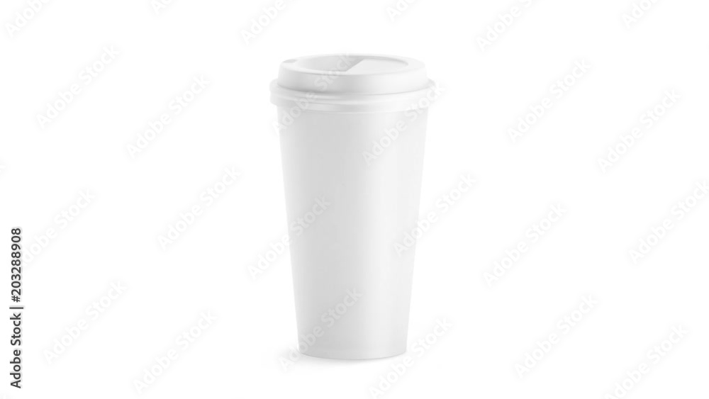 Blank white disposable large cup mock up isolated, looped rotation, clipping mask, 3d rendering. Empty polystyrene coffee drinking mug mockup front view. Clear plain tea take away turning.