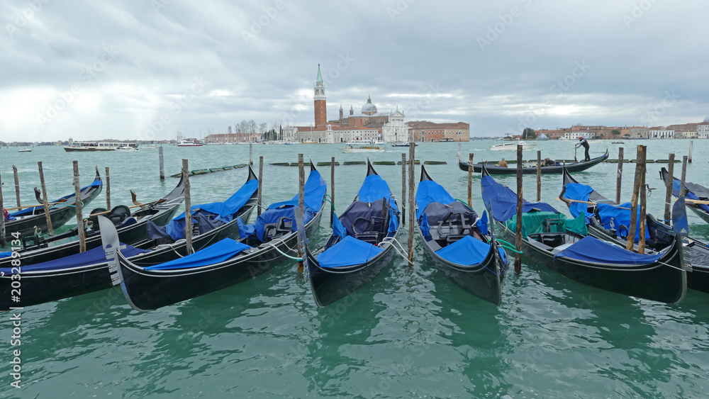 Gondolas parked at San Marco square, Venice, Italy