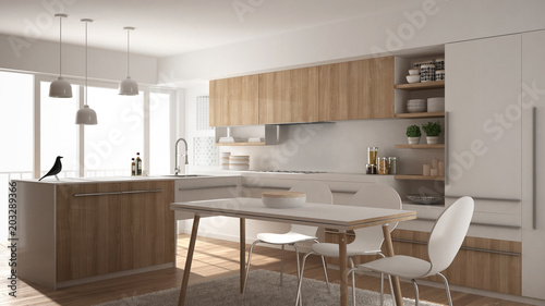 Modern minimalistic wooden kitchen with dining table  carpet and panoramic window  white architecture interior design