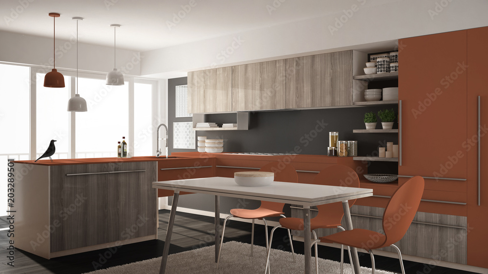 Modern minimalistic wooden kitchen with dining table, carpet and panoramic window, gray and red architecture interior design Modern minimalistic wooden kitchen with dining table, carpet and panoramic window, gray and red architecture interior design