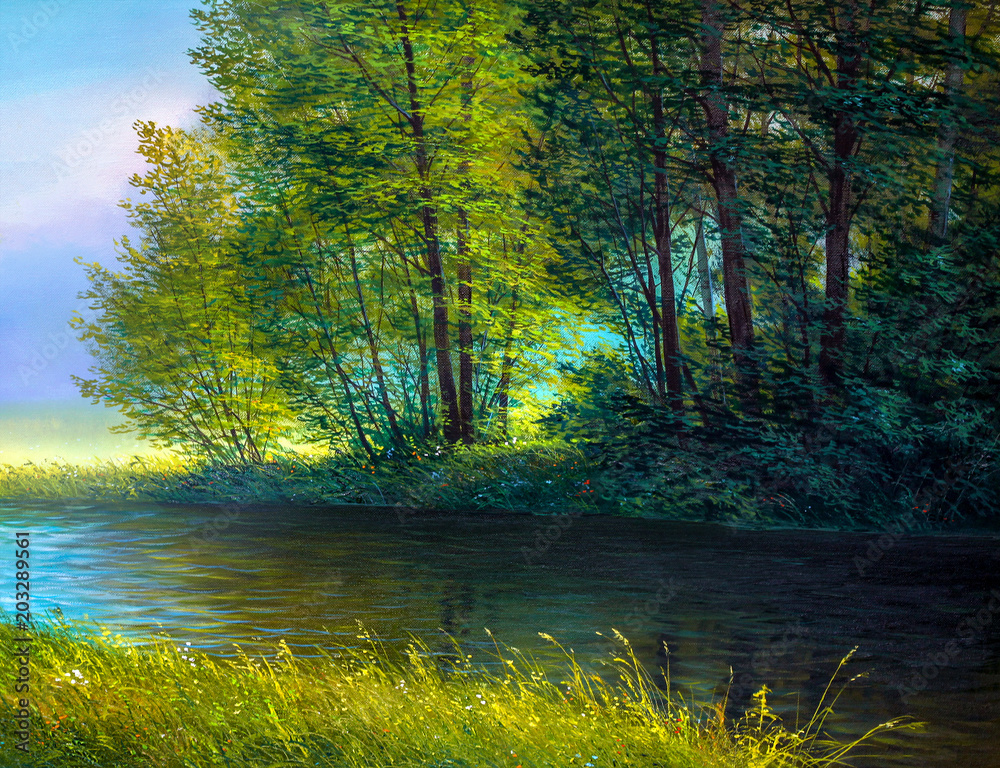 Fototapeta premium River in the woods. The art of oil painting.